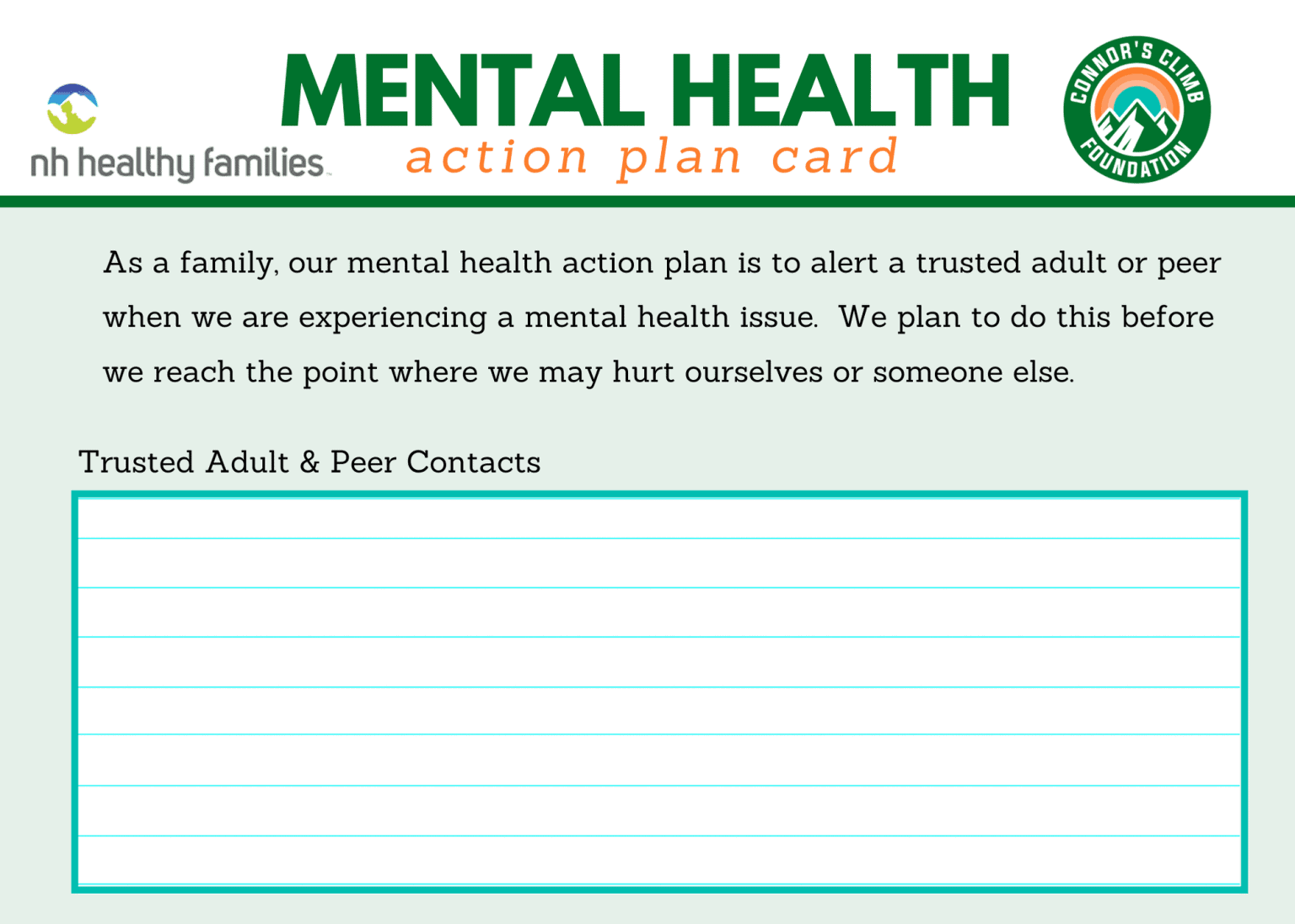 Mental Health Action Plan Card Connor s Climb Foundation