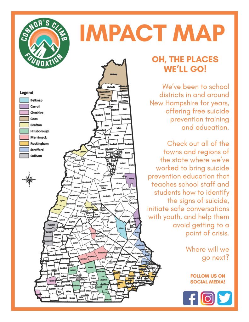 Image of a map of New Hampshire with the regions and towns in which Connor's Climb Foundation has provided suicide prevention training shaded in different colors